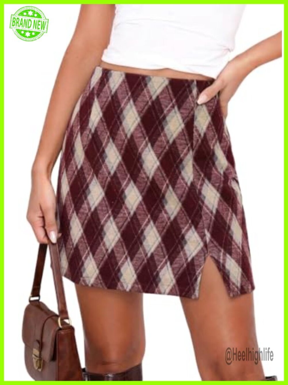 High Waist Plaid Mini Skirt with Pockets Side Slit A-Line Women's